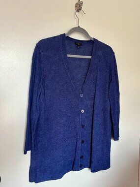 Talbots Blue Button Down Cardigan 100% Linen 3/4 Sleeve 1X